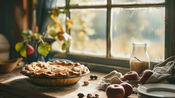 ai généré fait maison tarte sur une ensoleillé rebord de fenêtre photo