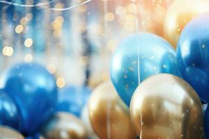 ai généré fête des ballons Contexte , d'or et bleu des ballons Contexte avec confettis et bokeh arrière-plans ai généré photo