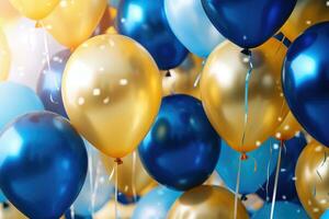 ai généré fête des ballons Contexte , d'or et bleu des ballons Contexte avec confettis et bokeh arrière-plans ai généré photo