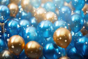 ai généré des ballons Contexte décoration , d'or et bleu des ballons Contexte avec confettis et bokeh arrière-plans ai généré photo