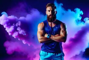 ai généré barbu Masculin athlète dans des sports short permanent contre violet photo