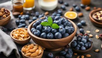 ai généré Frais myrtille et autre en bonne santé nourriture sur tableau. petit déjeuner dans une boules avec superaliment, biologique régime photo