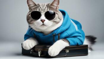 ai généré marrant chat dans une bleu sweat-shirt et des lunettes de soleil, est assis avec une valise sur une blanc Contexte photo