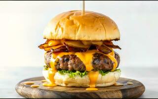 ai généré une l'eau à la bouche fermer de une gourmet Burger avec égouttage fromage sur blanc Contexte photo