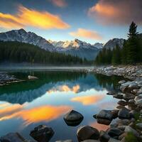 ai généré paisible Lac et montagnes photo