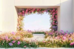 ai généré printemps floral installation scène avec géométrique cambre former. 3d le rendu. génératif ai. photo