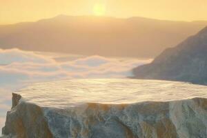 ai généré pierre podium table Haut avec Extérieur montagnes d'or Couleur scène la nature paysage à lever du soleil brouiller background.natural beauté cosmétique ou en bonne santé produit placement présentation. photo