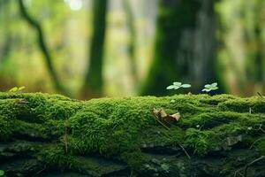 ai généré vieux trop développé moussu arbre tronc dans forêt, abstrait Naturel vert Contexte. magnifique paysage. printemps ou été saison. afficher pour produit. modèle pour conception. longue bannière. photo