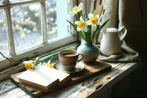 ai généré confortable Pâques printemps encore vie. salutation carte maquette scène. tasse de café, livres, en bois Coupe conseil, Lait lanceur et vase de fleurs sur rebord de fenêtre. floral composition. génératif ai. photo