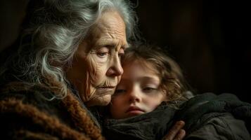 ai généré grand-mère et petit fils étreindre chaque autre. génératif ai photo