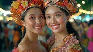 ai généré deux souriant femmes dans traditionnel Festival tenue avec fleur coiffures photo