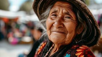 ai généré un vieux femme portant une chapeau et en riant. génératif ai photo