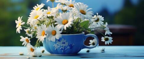 ai généré marguerites dans une bleu tasse sur une en bois table photo