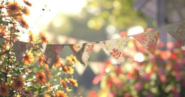 ai généré bruant bannières pendaison près certains fleurs à l'extérieur photo