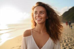 ai généré magnifique Jeune fille dans une robe sourit sur le plage contre le Contexte de le mer photo