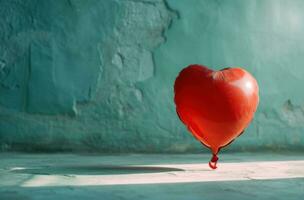 ai généré rouge cœur ballon dans de face de une bleu pièce photo