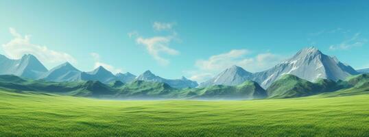 ai généré le vert champ est floue avec montagnes au-delà il photo