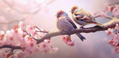 ai généré deux des oiseaux sont assise sur une rose fleur branche photo