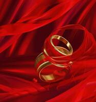 ai généré une rouge mariage bague avec cœurs enveloppé dans rouge soie photo