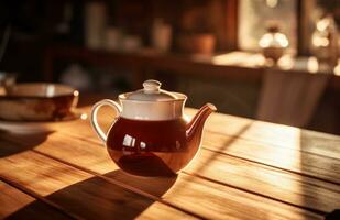 ai généré une blanc théière sur une en bois table dans de bonne heure lumière du soleil photo