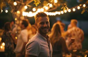 ai généré une homme permanent en plein air avec une groupe de gens à une fête photo