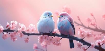 ai généré deux des oiseaux sont assise sur une rose fleur branche photo