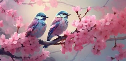 ai généré deux des oiseaux sont assise sur une rose fleur branche photo