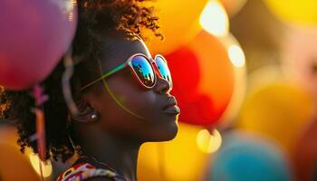 ai généré une fille portant des lunettes de soleil détient des ballons autour sa visage photo