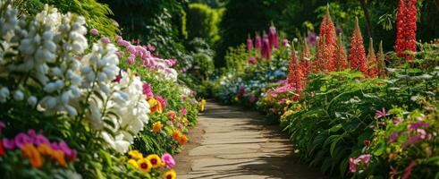 ai généré une magnifique jardin sentier avec coloré fleurs photo