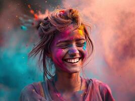 ai généré une fille souriant content avec coloré poudre photo