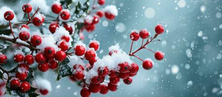 ai généré une bouquet de rouge houx baies et neige sur le bleu Contexte photo