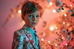 ai généré une peu garçon dans une floral costume pose pour une photo