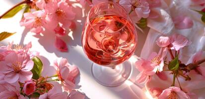 ai généré une verre de Rose du vin à côté de certains rose fleurs photo