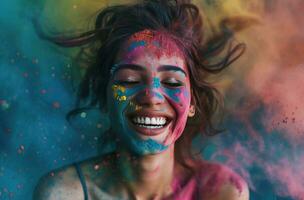 ai généré une souriant femme avec coloré poudre autour sa photo