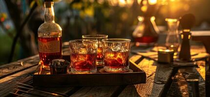 ai généré une plateau plein de les boissons sur une rustique en bois table photo