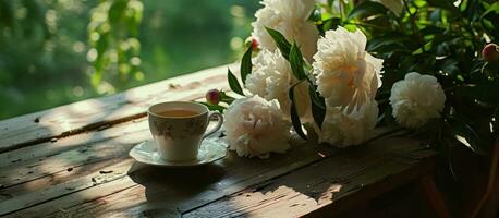 ai généré une table avec pivoines et une tasse de thé photo