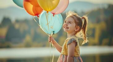 ai généré une peu fille en portant une bouquet de des ballons photo