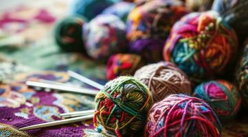 ai généré une fil Balle sur table suivant à tricot aiguilles photo