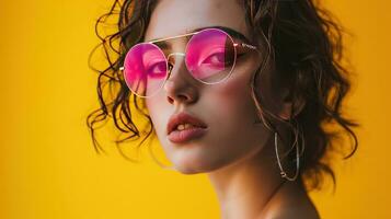 ai généré une Jeune femme portant rose des lunettes de soleil plus de une Jaune Contexte photo