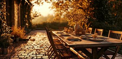 ai généré un Extérieur à manger table sur une brique patio, photo