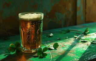 ai généré un irlandais Bière avec deux trèfle feuilles séance sur une vert table photo