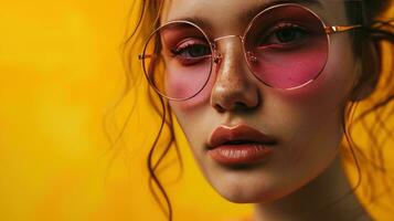 ai généré une Jeune femme portant rose des lunettes de soleil plus de une Jaune Contexte photo