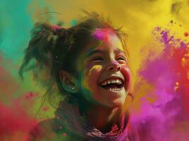 ai généré une Jeune fille souriant dans coloré poudre photo