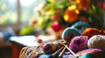 ai généré une fil Balle sur table suivant à tricot aiguilles photo