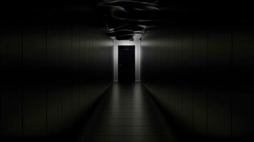 vue à l'intérieur de foncé effrayant surréaliste couloir avec une porte à le fin. conception. monochrome couloir avec agitant foncé plafond. photo