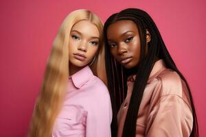 ai généré à la mode deux Jeune multiracial femmes posant ensemble isolé sur rose Contexte photo