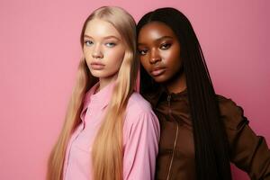 ai généré à la mode deux Jeune multiracial femmes posant ensemble isolé sur rose Contexte photo