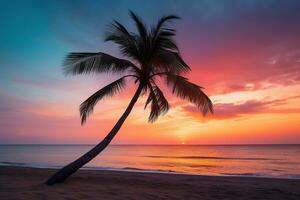 ai généré magnifique la nature tropical plage et mer avec noix de coco paume arbre à le coucher du soleil temps pour Voyage et vacances photo