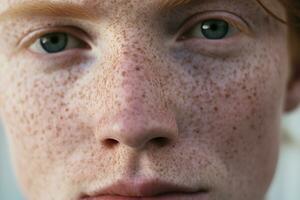 ai généré fermer de taches de rousseur homme à la recherche à caméra photo