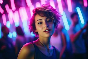 ai généré portrait de une magnifique fille avec court cheveux dansant dans une boîte de nuit photo